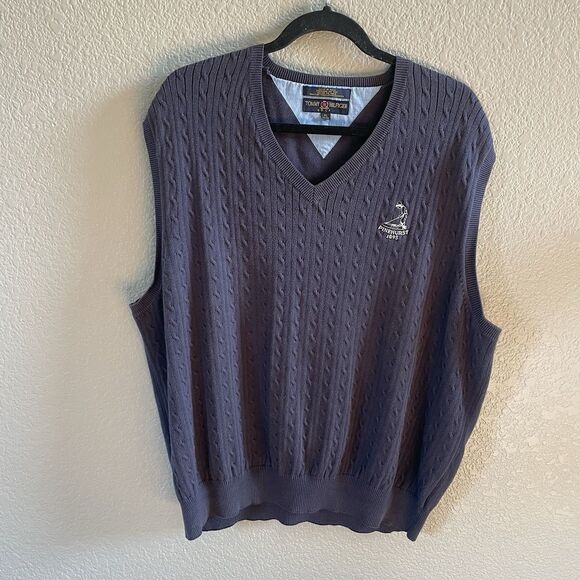 Vintage Tommy Hilfiger Golf Vest Men’s XL Blue Cableknit Pinehurst 1895 Preppy - Picture 1 of 6